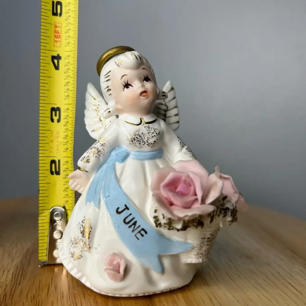 Vintage Lefton June Birthday Angel Blue Sash Pink Flowers Porcelain 3332